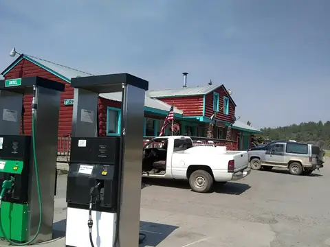 Our two pumps out front, regular and diesel, with the store behind them
