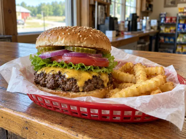 A half-pound cheeseburger with lettuce, tomato and onion in a red basket with crinkle-cut fries