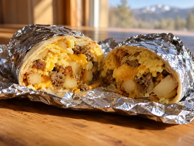 A breakfast burrito cut in half on foil: scrambled egg, sausage, potato and melted cheese