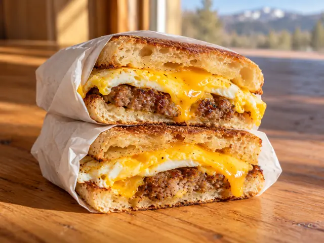 A breakfast sandwich cut in half in deli paper: fried egg, sausage patty and melted cheese on an English muffin