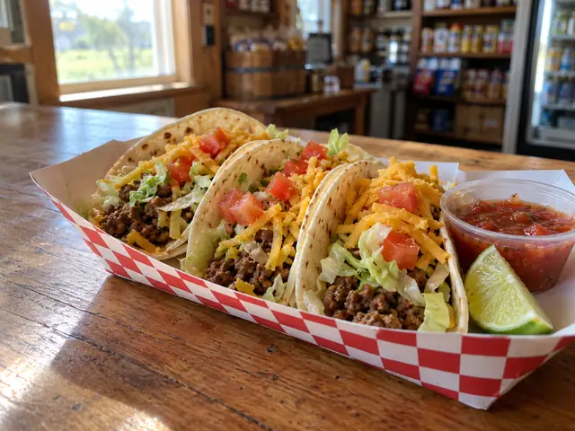 Three ground-beef tacos with lettuce, tomato and cheddar in a checkered paper boat, with salsa and lime